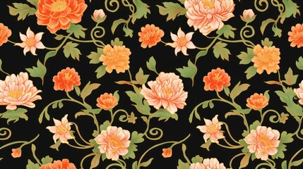 Artistic floral pattern designed with delicate blooms and ornamental flourishes in a repeating seamless layout.