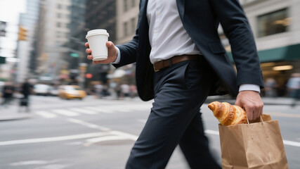 A faceless, waist-down shot of a well-dressed person walking quickly down a blurred city street, holding a takeaway coffee cup and a croissant in a paper bag