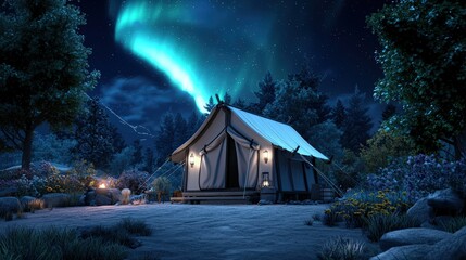 Northern lights shining brightly over a tent campsite, evoking adventure and exploration,