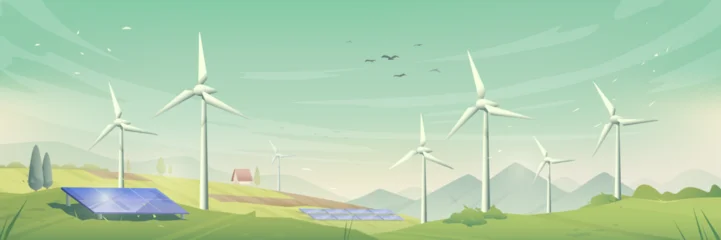 Fotobehang Boerderij Wind turbines and solar panels on green hills with mountain backdrop - sustainable energy landscape with renewable power generation. Eco friendly countryside scene for environmental technology concept  © klyaksun