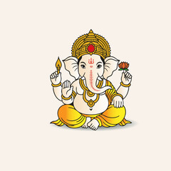 Traditional Lord Ganesha Illustration with Lotus and Lamp on Light Background