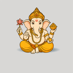  Lord Ganesha  ganesh chaturthi with Lotus and Modak in Traditional Pose on Grey Background