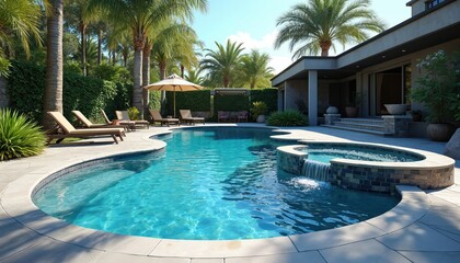 Luxury backyard swimming pool with integrated hot tub, cascading waterfall. Sun loungers, umbrella surround crystal clear blue water, bordered by tropical palms, manicured hedges. Modern home