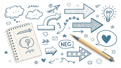 A notebook with sketches of arrows clouds and a lightbulb with a pen on a white background art design