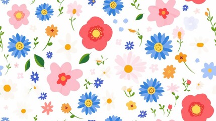 Colorful flat design vector floral background with an array of blooming flowers and leafy elements, perfect for seamless pattern use on wallpapers and wrapping paper.