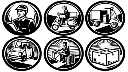 Illustration showing delivery services with a courier, scooter, car, and packages in black and white style