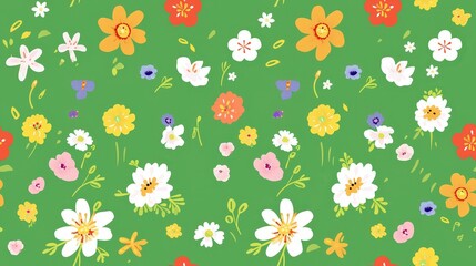 Colorful flat design vector floral background with an array of blooming flowers and leafy elements, perfect for seamless pattern use on wallpapers and wrapping paper.