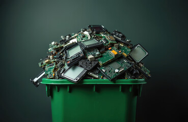 Green bin overflowing with broken electronic devices, circuit boards. Contains old mobile phones, laptops, screens, monitors, keyboards. E-waste symbolizes pollution, disposal, recycling challenges.
