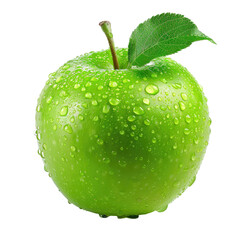 Close-up of a fresh, vibrant green apple, covered in water droplets.  A small leaf is attached to the stem