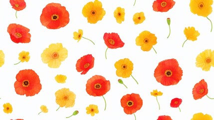 Cute seamless pattern with red and yellow poppies in doodle style, perfect for fabric, wrapping paper, and wallpaper.