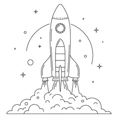 Fototapeta premium Black and white illustration of a retro rocket ship blasting off into space