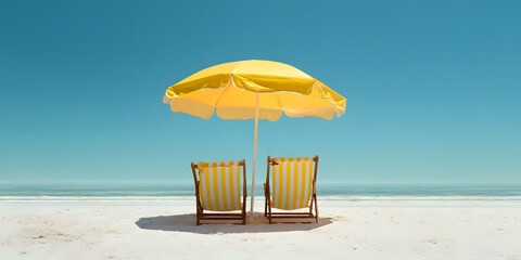 Two yellow striped beach chairs and umbrella on sandy shore, summer vacation, tropical holiday, relaxation, ocean view, travel destination