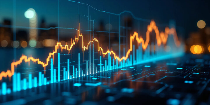 Futuristic financial data graph glowing on digital screen interface with abstract city lights background, ideal for finance technology, stock analytics, cryptocurrency, and smart data concept visuals - Powered by Adobe