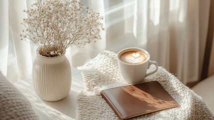Cozy autumn morning with coffee, notebook, and dried flowers by the window