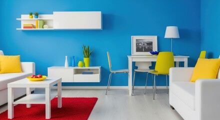 Bright Interior Featuring White Furniture, Yellow Accents, and a Red Rug in a Modern Living Room with a Blue Wall