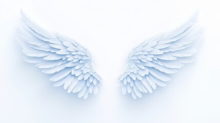 Obraz premium Delicate angel wings in soft light gray shades centered on a pure white background, detailed feather textures and subtle shadows for a gentle, ethereal look.