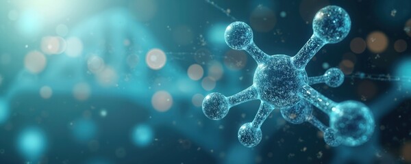 Abstract digital visualization of molecular structure, hydrogen sustainability, future economy. Futuristic blue design with glowing particles, interconnected elements represents innovation, research,