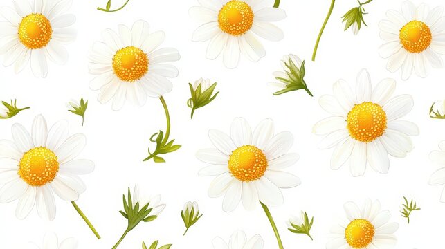 Delicate chamomile flowers in a seamless pattern on bright white background, perfect for stof per meter fabrics, giving a clean and fresh botanical feel.