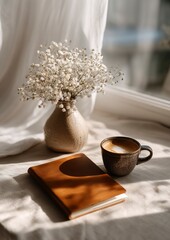 Cozy morning scene with coffee cup, notebook, and white flowers in vase by the window