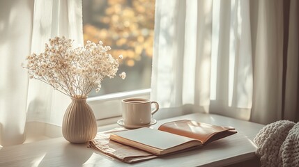 Cozy autumn morning with coffee, notebook, and dried flowers by the window