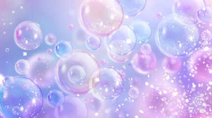 Dreamy iridescent bubble background with sparkle effects - floating soap bubbles in pastel blue and purple gradient, magical light reflections for beauty product presentations and laundry design.