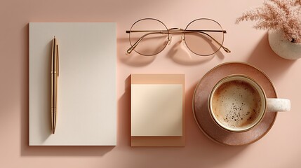 Stylish Flat Lay of Notebook, Coffee Cup, Glasses, and Pen on Pink Desk