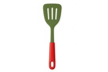Green, red kitchen spatula rendered in crisp 3d, showcasing sleek culinary tool against transparent backdrop with vibrant, contemporary styling