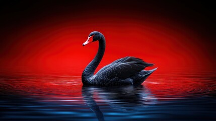 Fototapeta premium Elegant black swan rendered in 3D, dominating the scene under blue light, dark red backdrop creating contrast, with a sleek reflective floor beneath.