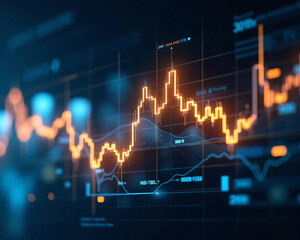 Futuristic financial data graph glowing on digital screen interface with abstract city lights background, ideal for finance technology, stock analytics, cryptocurrency, and smart data concept visuals