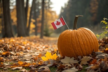 A vibrant orange pumpkin adorned with a Canadian flag sits proudly on a path covered in colorful autumn leaves, Thanksgiving Day concept