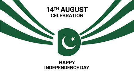 Pakistan Independence Day Poster with Radiating Green Emblem, Bold 14 August Celebration Typography, Crescent and Star Illustration Design