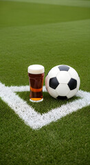 A towering glass stein of crisp pale lager standing on a vibrant soccer pitch beside a football. Vertical concept for World Cup sponsorship and sports event beer advertising with ample copy space.
