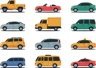 Naklejka premium Twelve Diverse Vehicle Illustrations Yellow Orange Red Green Blue Gray Cars Trucks Van