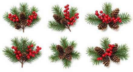 Isolated Christmas pine branches with red berries.

