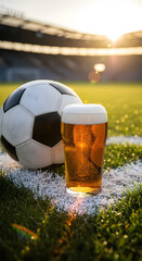 A towering glass stein of crisp pale lager standing on a vibrant soccer pitch beside a football. Vertical concept for World Cup sponsorship and sports event beer advertising with ample copyspace.