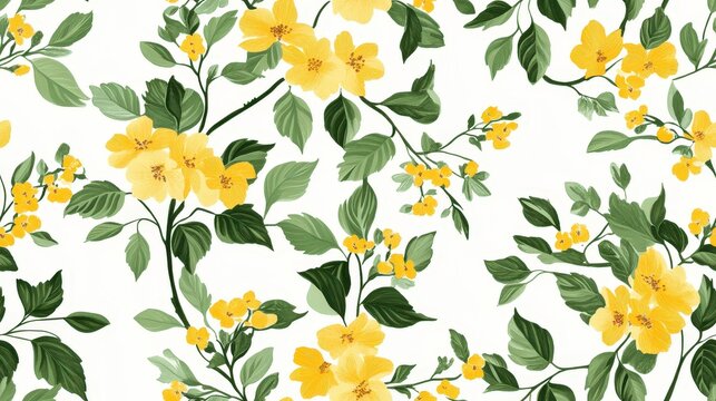 Elegant yellow floral and green leaf botanical pattern in a seamless design on white background, ideal for stof per meter textiles with a fresh, natural aesthetic.