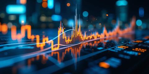 Futuristic financial data graph glowing on digital screen interface with abstract city lights background, ideal for finance technology, stock analytics, cryptocurrency, and smart data concept visuals
