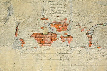 brick wall old red brick wall with dust and debris on white background. Broken brick wall with scattered debris and visible cracks.