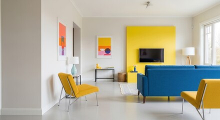 Bright Living Room Featuring a Blue Sofa, Yellow Chairs, and Modern Art