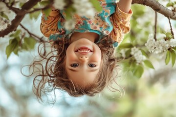 Child hanging upside down from tree in spring