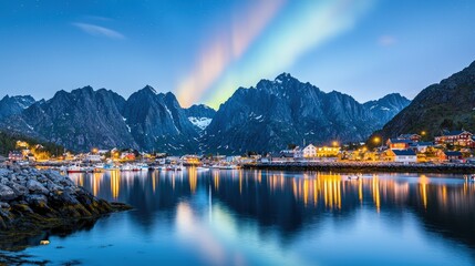 Northern lights arching over a tranquil harbor, leaving room for brand messaging,