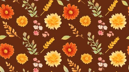 Hand-drawn vector seamless pattern of autumn leaves, wild flowers, and grass bushes with warm tones, suited for packaging, wallpaper, postcards, and fabrics.