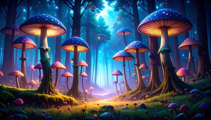Enchanting luminescent mushroom forest path at night