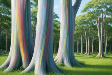 Colorful rainbow eucalyptus tree trunks in a lush green forest landscape with soft sunlight and clear blue sky in the background. Ai generative. Ai generative