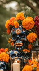 Mexican Day of the dead altar created entirely for this image session. Carefully arranged all the pieces, candles and flowers. Front View