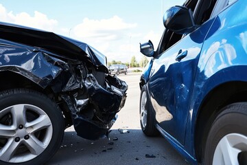 Blue car crash scene with black vehicle damage
