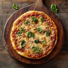 Classic Margherita pizza on wooden board, tomato sauce, mozzarella, and fresh basil leaves