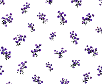 Seamless pattern of small, purple flowers with green leaves, scattered decoratively on transparent background - Powered by Adobe