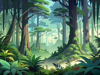 Tropical forest landscape background. Vector illustration in flat style.