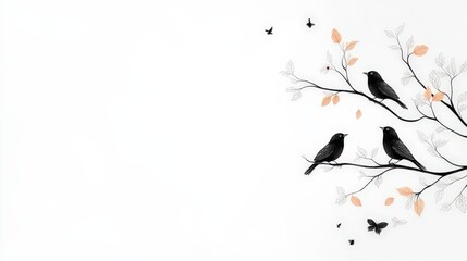 Minimal black and white medieval background with fine branches and small wrens delicately positioned, featuring traditional illustrative style.